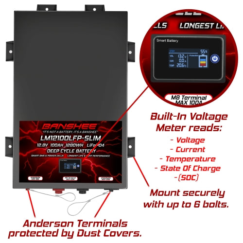 Super Slim 12V 100Ah Deep Cycle Lifepo4 Lithium Ion Battery Pack with Twin Anderson Style Connectors (50A & 120A) & M8 Insert Terminals