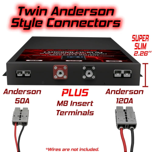 Super Slim 12V 100Ah Deep Cycle Lifepo4 Lithium Ion Battery Pack with Twin Anderson Style Connectors (50A & 120A) & M8 Insert Terminals