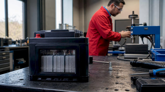 Close-up of AGM battery in vibration test setup