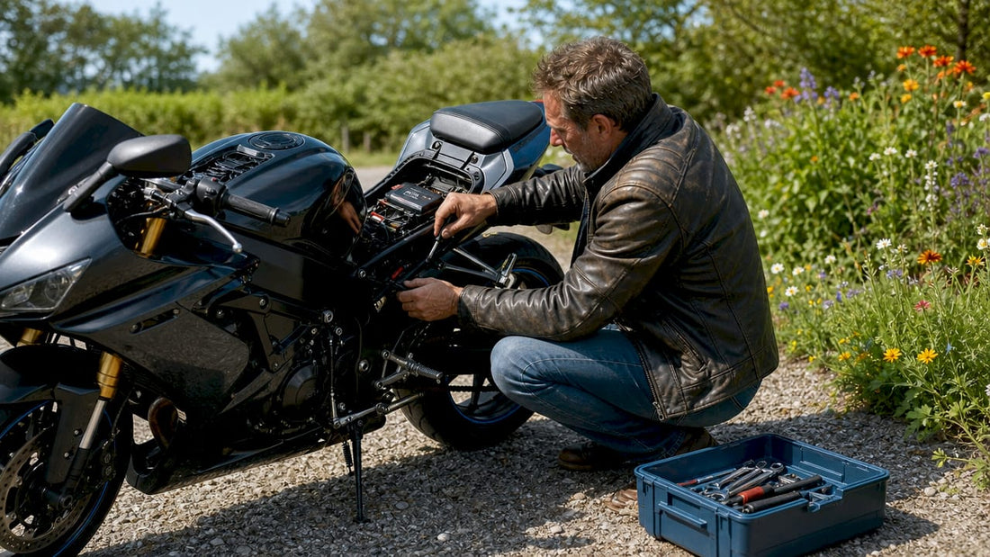 Man installing motorcycle battery outdoors