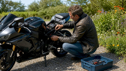 Man installing motorcycle battery outdoors