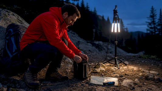 Person setting up battery powered trail lighting system outdoors