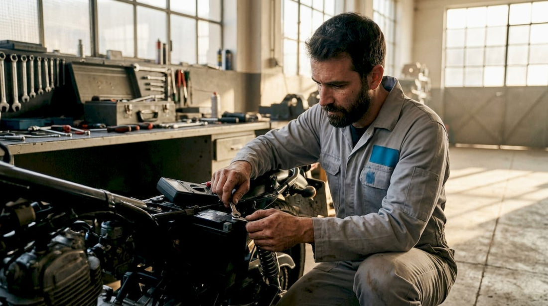 Mechanic checking motorcycle battery in winter garage