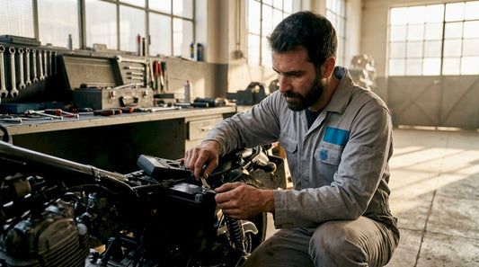 Mechanic checking motorcycle battery in winter garage
