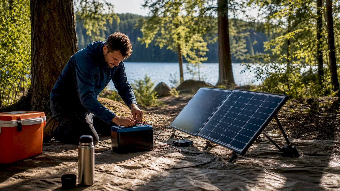 Camper setting up solar battery at lakeside campsite