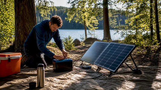 Camper setting up solar battery at lakeside campsite