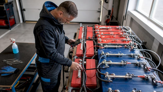 Technician inspecting marine battery bank in boat