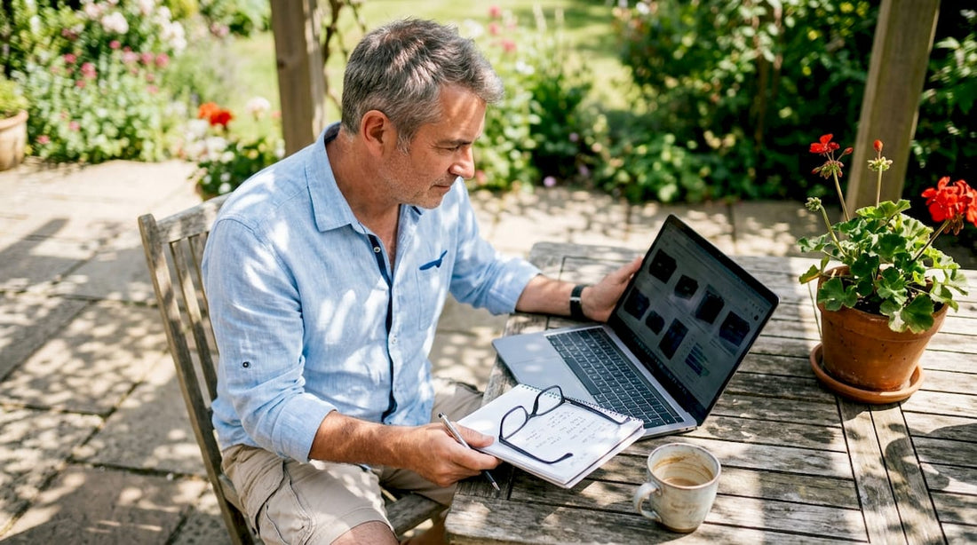 Man comparing battery options at kitchen table