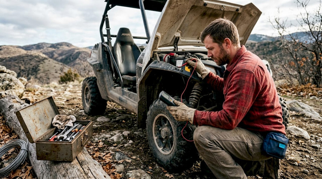 Mechanic testing UTV battery on cold morning