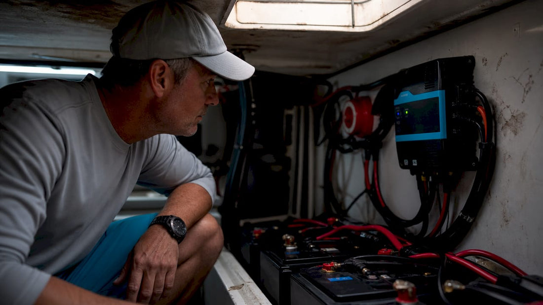Technician inspecting marine battery charging system