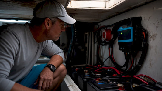 Technician inspecting marine battery charging system
