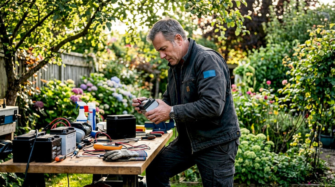 Man inspecting powersports battery in garage