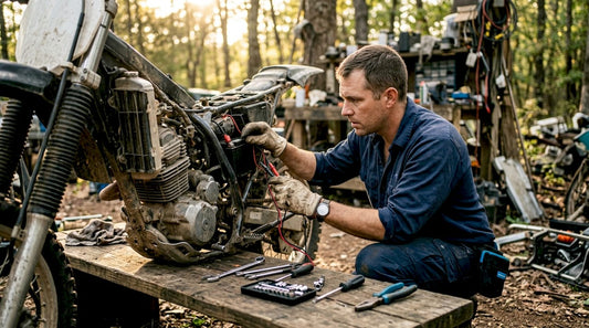 Mechanic inspecting AGM motorcycle battery outdoors
