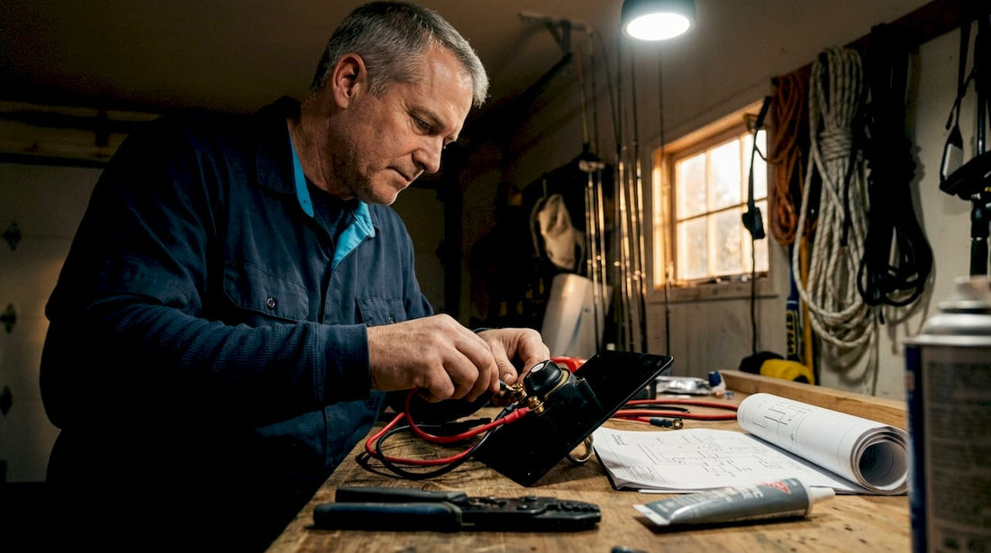 Boater wiring marine battery switch on workbench