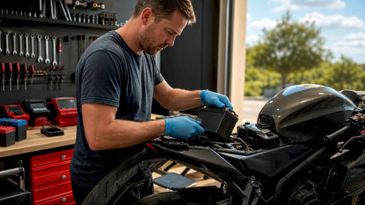 Technician removing lead-acid battery from motorcycle