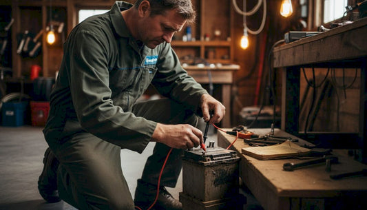 Mechanic testing ATV battery voltage indoors