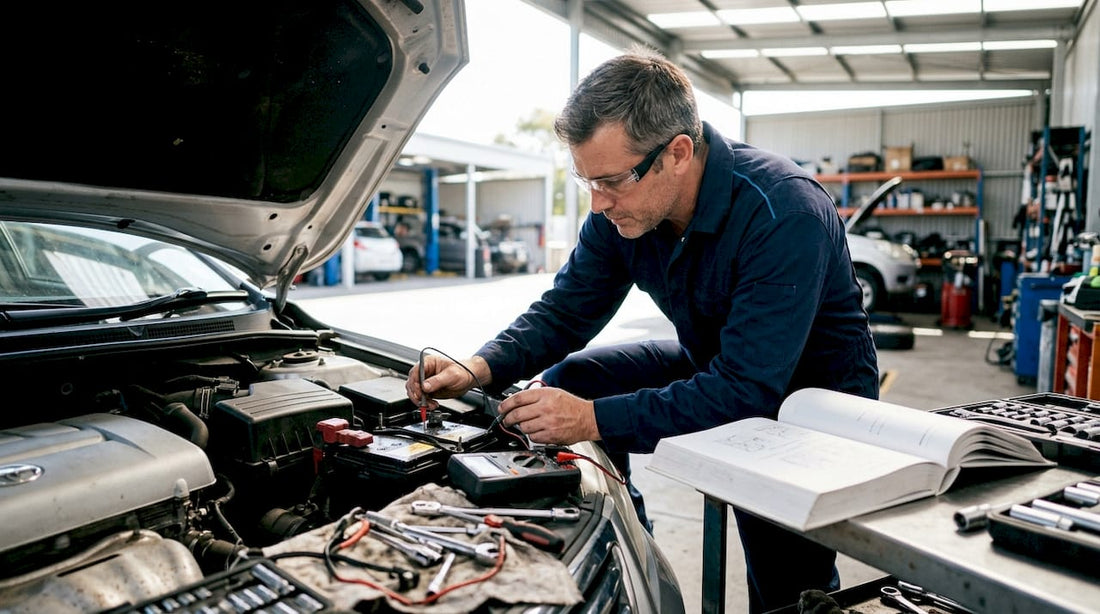 Technician testing car battery voltage in garage