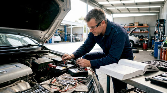 Technician testing car battery voltage in garage