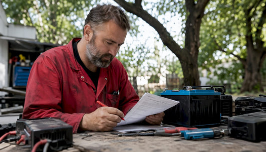 Mechanic reviewing powersports battery warranty papers