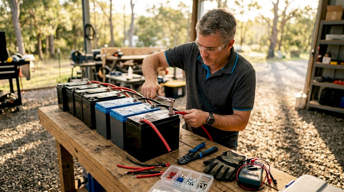 Technician wiring RV battery bank in garage