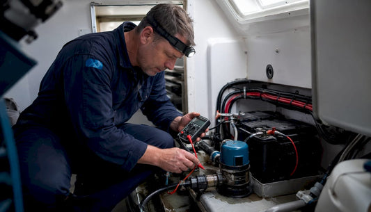 Marine technician testing bilge pump battery