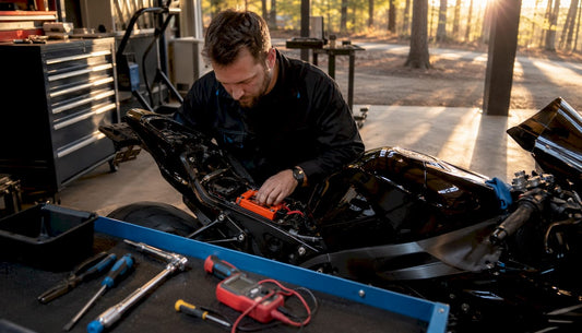 Mechanic installing LiFePO4 motorcycle battery