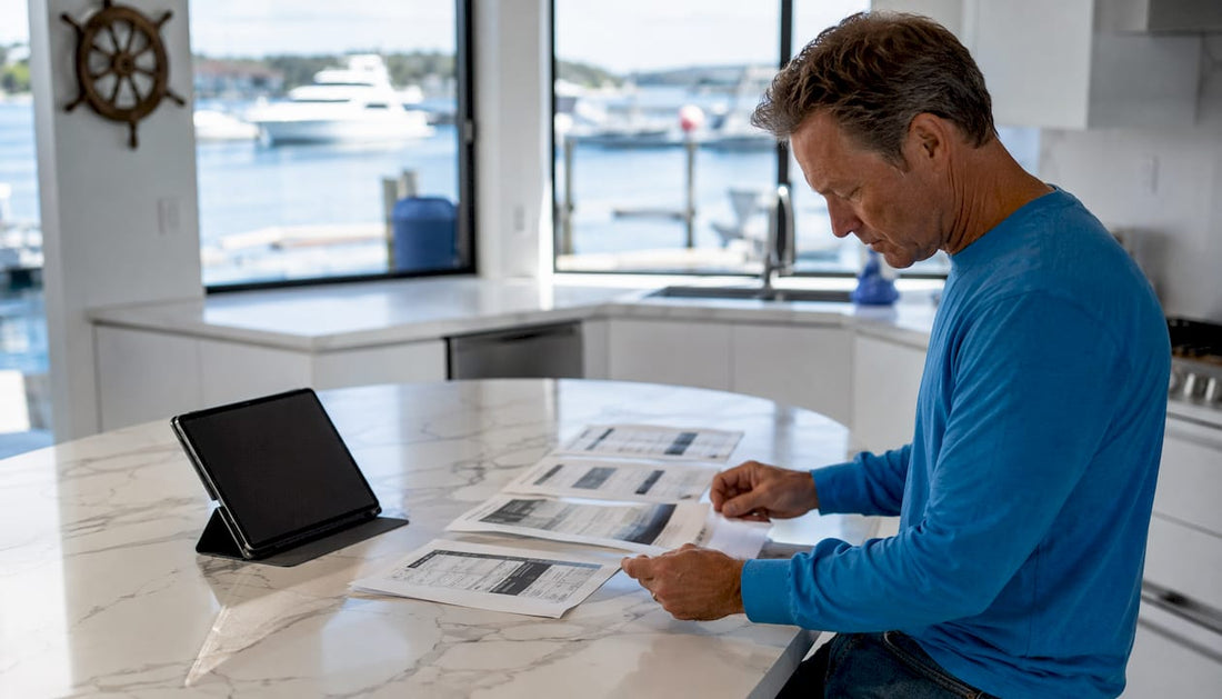 Man researching marine battery alternatives at desk