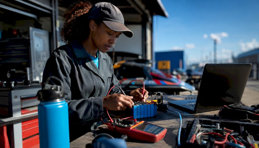 Technician connecting leads to battery cell in lab