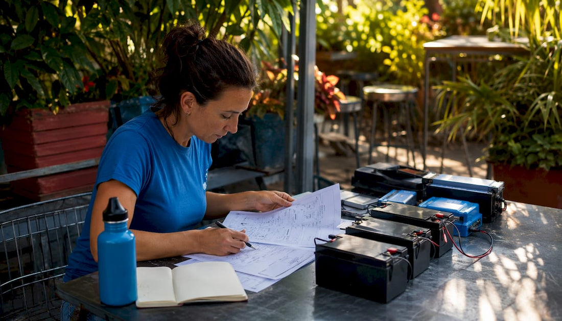 Woman reviewing battery audit sheets in camper van