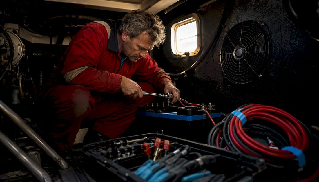 Technician installing marine battery in boat engine compartment