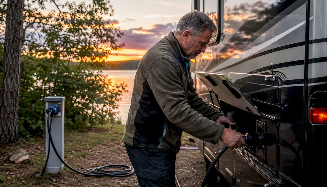 Person connecting RV shore power for battery charging