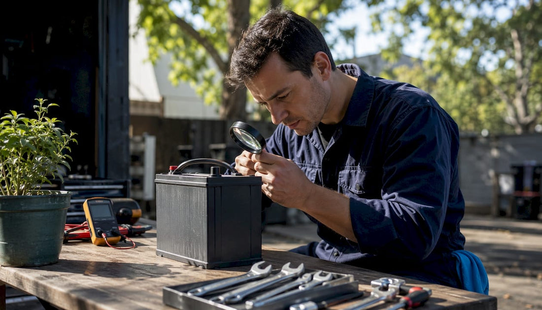 Man examining car battery label on workbench