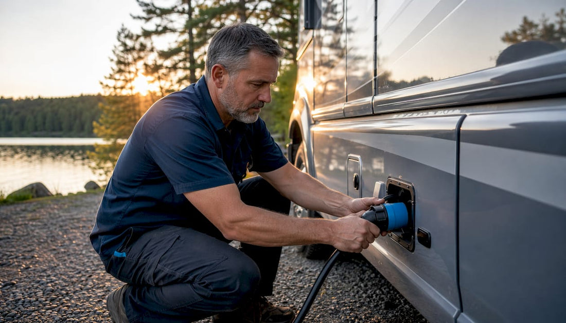 Man connecting shore power cord to RV