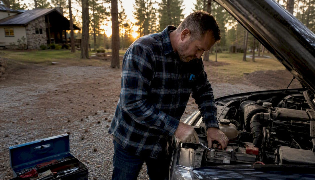 Man inspecting car battery outdoors