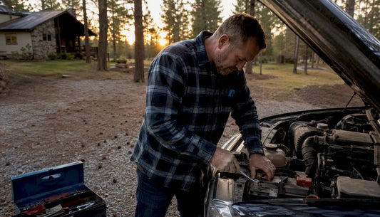 Man inspecting car battery outdoors