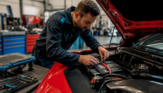 Technician installing battery in sports car