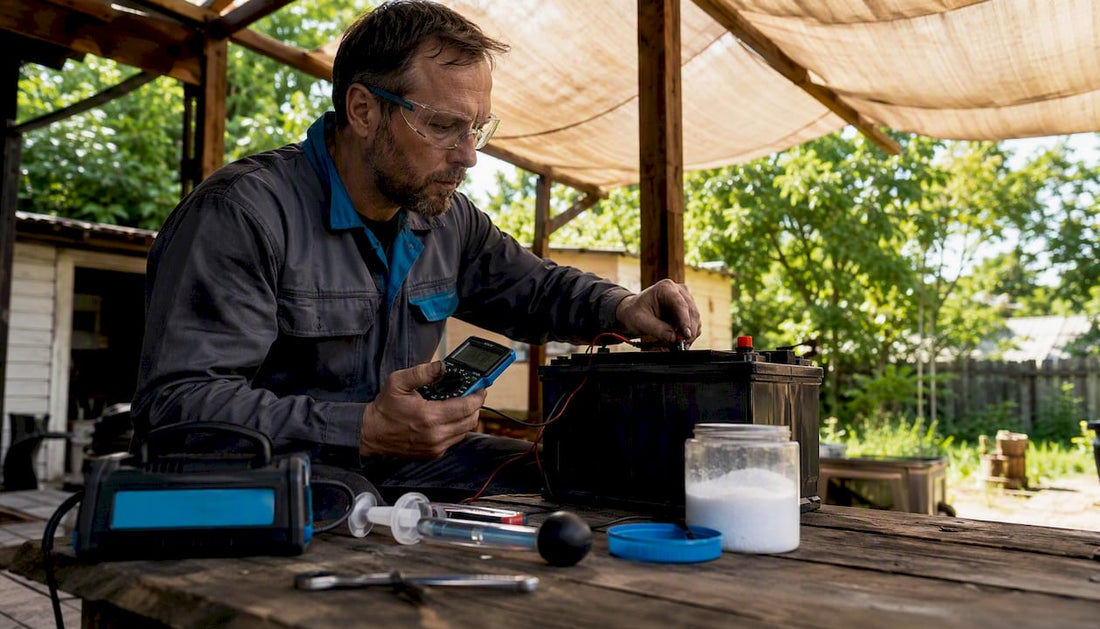 Man testing deep cycle battery voltage in garage workshop