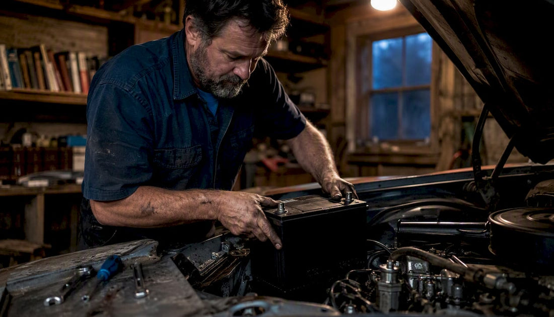 Mechanic installing AGM battery in classic car engine bay