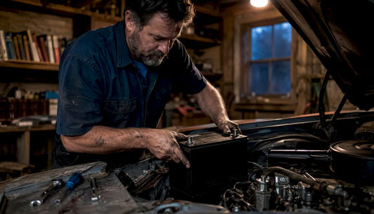 Mechanic installing AGM battery in classic car engine bay