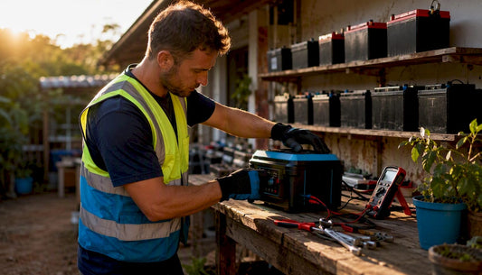 Electrician adjusting battery charger in workshop