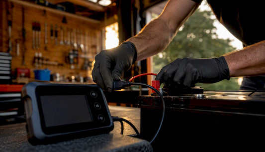 Hands connecting charger to lithium battery terminals