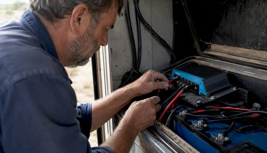 Technician wiring solar battery charge controller