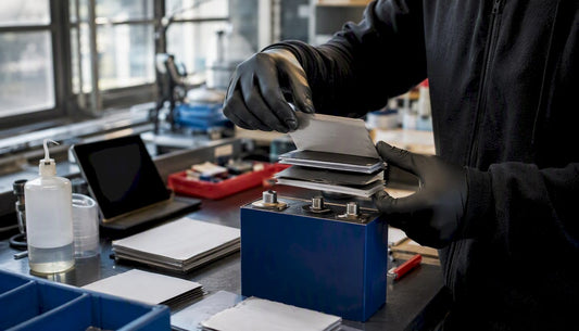 Close-up of hands assembling LiFePO4 battery cell
