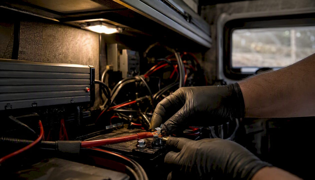 Hands wiring RV battery terminals