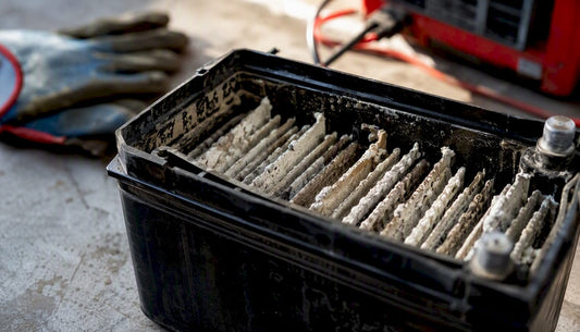 Close-up lead-acid battery with sulfate crystals