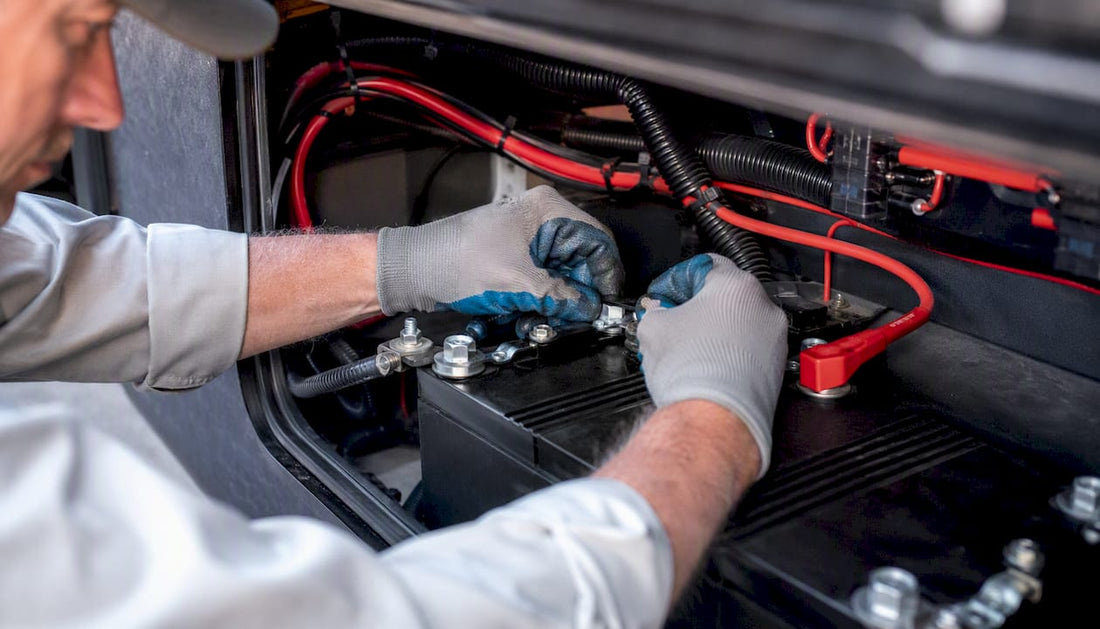 Technician wiring battery monitor shunt in RV