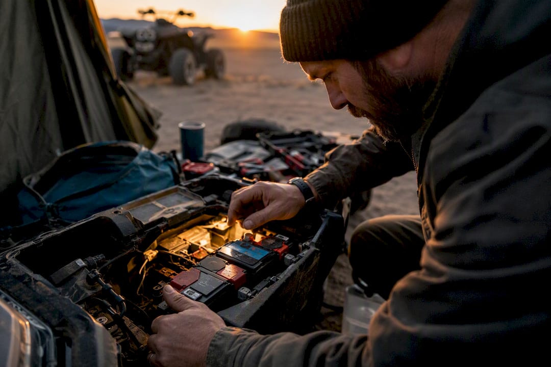 Person inspecting battery compartment outdoors