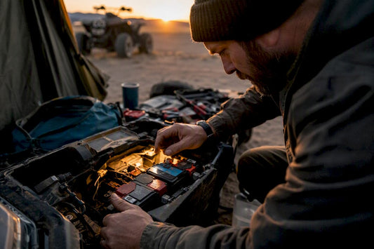 Person inspecting battery compartment outdoors