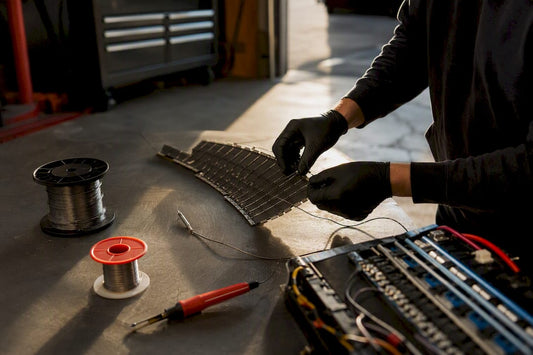 Close-up of hands assembling lithium battery heating element