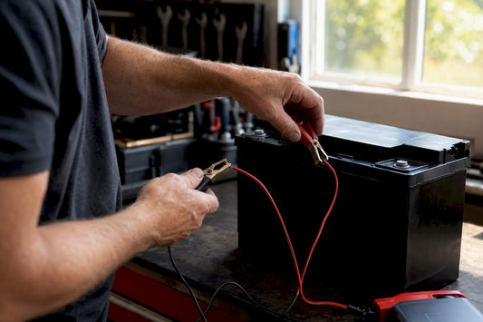 Hands connecting desulfation charger to AGM battery